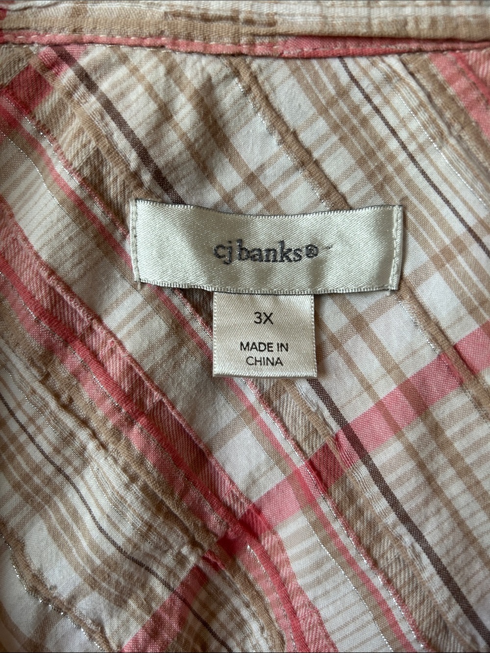 CJ Banks Lightweight Plaid Button-Up Shirt in Cream & Pink 3X - Picture 3 of 11